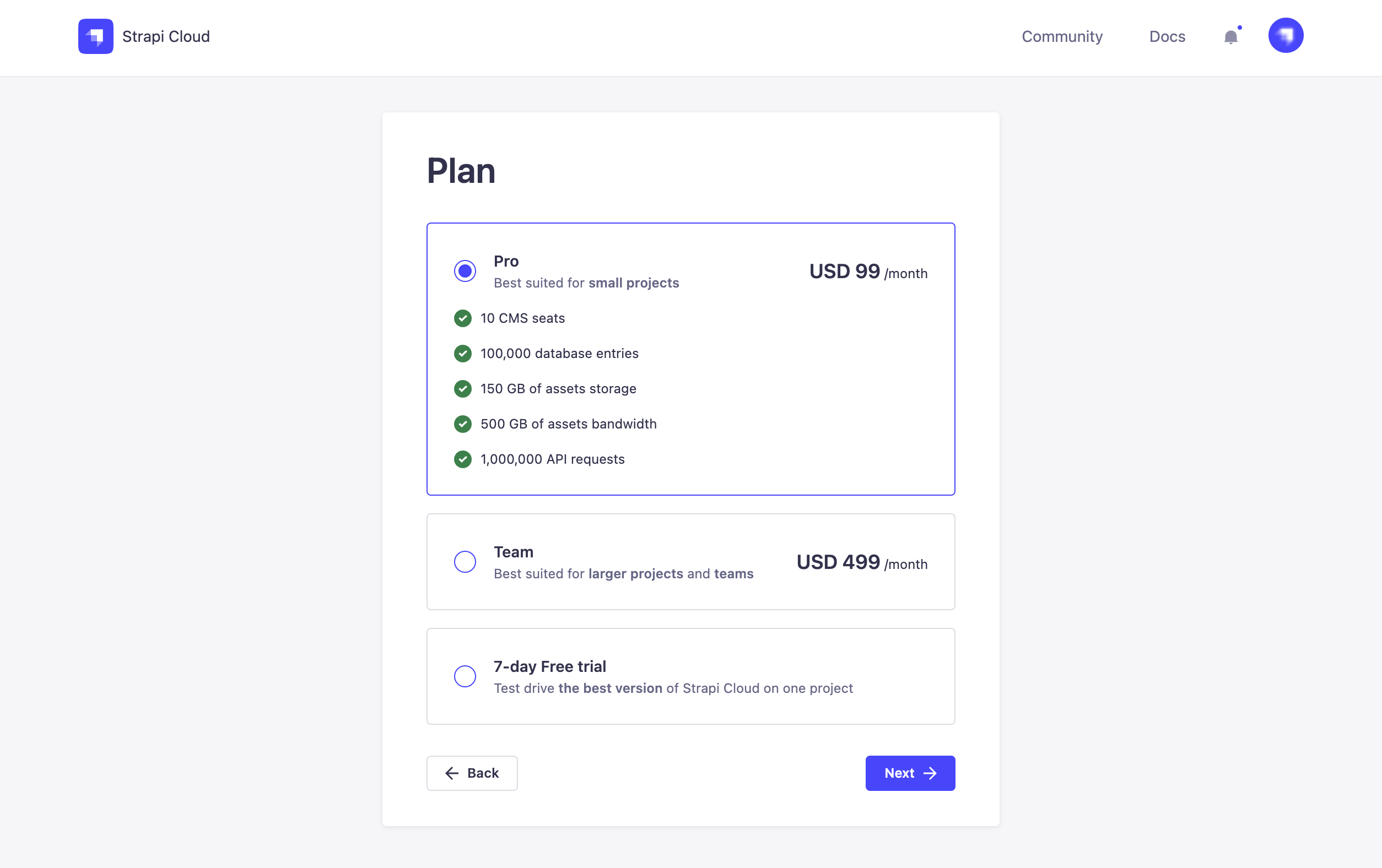 Plan selection page